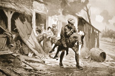 Gunner Rafferty bär en skadad kvinna i säkerhet från en bondgård som höll på att beskjutas (litho) av John Harris Valda