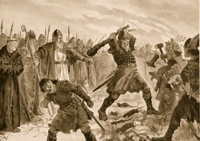 Kung Olaf den helige bryter bilden av guden Thor, 1020 av John Harris Valda