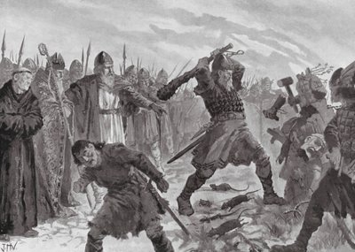 Kung Olav den helige bryter bilden av guden Mor av John Harris Valda