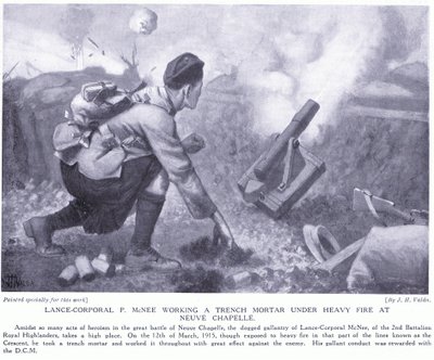Lance Corporal P McNee arbetar med en skyttegravsgranat under kraftig eldgivning vid Neuve Chapelle. av John Harris Valda