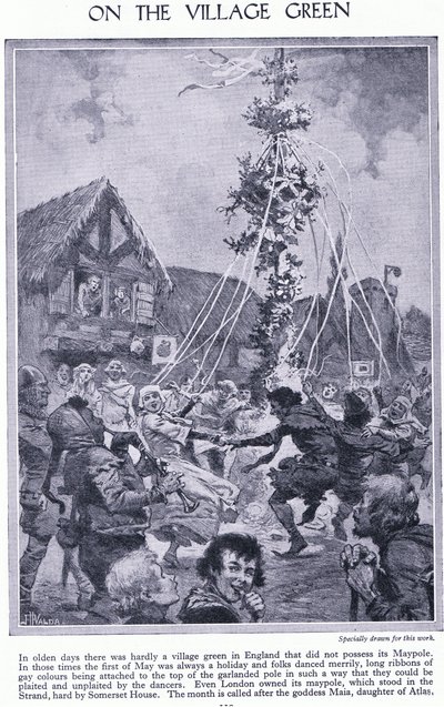 På byns grönområde. Dans runt majstången, ca 1950. av John Harris Valda