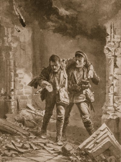 Menig A.E. Walker hjälper en skadad kamrat från en brinnande kyrka som användes som sjukhus av John Harris Valda