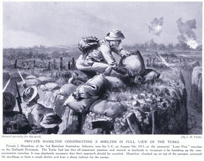 Menig Hamilton konstruerar ett skydd inför turkarna vid Lone Pine skyttegravarna på Gallipolihalvön augusti 1915 av John Harris Valda
