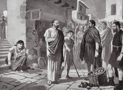 Romerska kolonisatörer som handlar med de infödda dakierna (litografi) av John Harris Valda