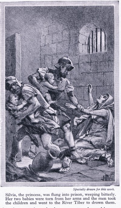 Romulus och Remus rycktes ur sin mor Silvias armar och fördes till Tibern för att drunkna, ca 1950 av John Harris Valda
