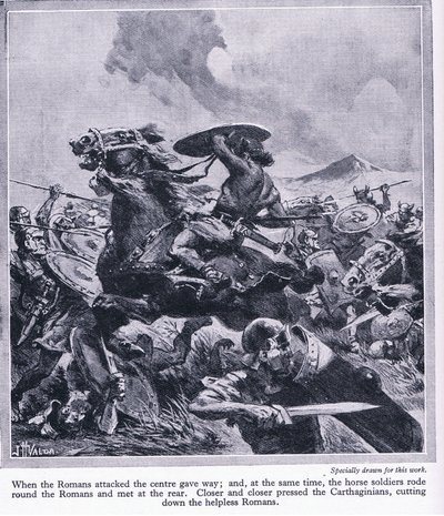 Slaget vid Cannae 216 f.Kr. Den romerska armén var nästan förstörd, ca 1950 av John Harris Valda