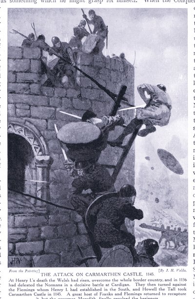 Attacken på Carmarthen Castle AD1136, 1920-talet av John Harris Valda