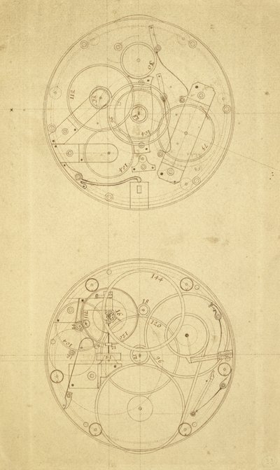 Rörelsen av H.4, en longitudtidtagare designad och ritad av John Harrison, c.1760-72 (bläck på papper) av John Harrison
