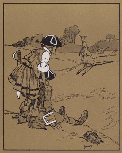 Upptäckten av kängurun (färg litho) av John Hassall