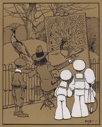 Påfågeln och den dekorativa konstnären (färg litho) av John Hassall