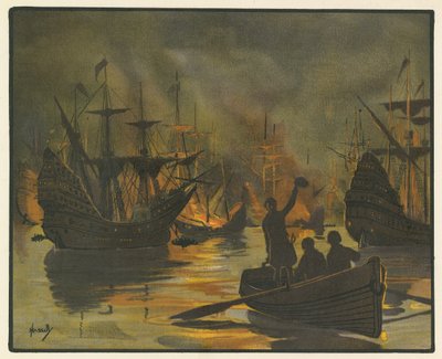 Den oövervinnliga Armada attackerad av eldskepp (färg litho) av John Hassall