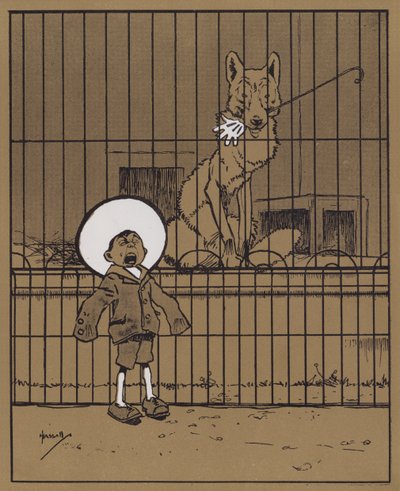 "Besökare som sticker sina händer genom rälsen rekommenderas att se till att de får tillbaka dem" (färg litho) av John Hassall