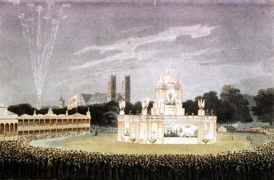 Fyrverkeri i Green Park för att fira Napoleons nederlag, graverad av puben Matthew Dubourg. 1814 (gravyr) av John Heaviside (after) Clark