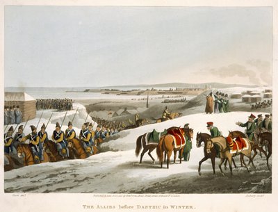 De allierade före Dantzic på vintern, graverad av Matthew Dubourg (fl.1813-20) från "Historic, Military and Naval Anecdotes", utgiven av Edward Orme (1774-c.1820) 1818 (akvatint) av John Heaviside Clark