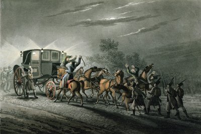 Fångsten av Bonapartes vagn, papper och skatt av major von Keller, Waterloo, 18 juni 1815, graverad av Matthew Dubourg (fl.1813-20) av John Heaviside Clark