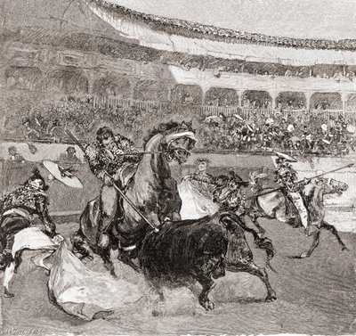 En tjurfäktning i Sevilla, Spanien, från The Century Illustrated Monthly Magazine, publicerad 1884 (trägravyr) av John Henry Ellsworth Whitney
