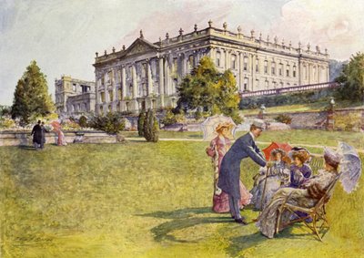 Chatsworth House (färg litho) av John Henry Frederick (after) Bacon