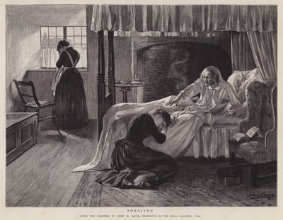 Forgiven, målning av John H Bacon utställd på Royal Academy 1891 (litho) av John Henry Frederick (after) Bacon