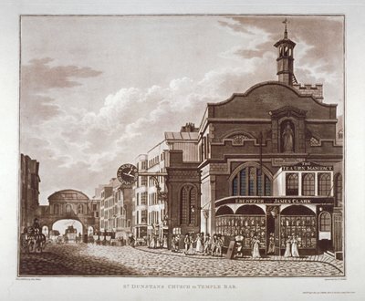 Fleet Street från St Dunstan i väster till Temple Bar, City of London, 1802 av John Hickin