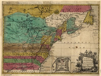 En karta över de brittiska och franska bosättningarna i Nordamerika. LOC 77690484 av John Hinton