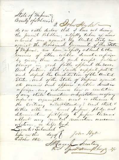 Loyalty oath of John Hyde of Missouri, County of St.Louis av John Hyde