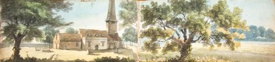 Gamla Eltham-kyrkan och en ek, Kent (akvarell) av John Inigo Richards
