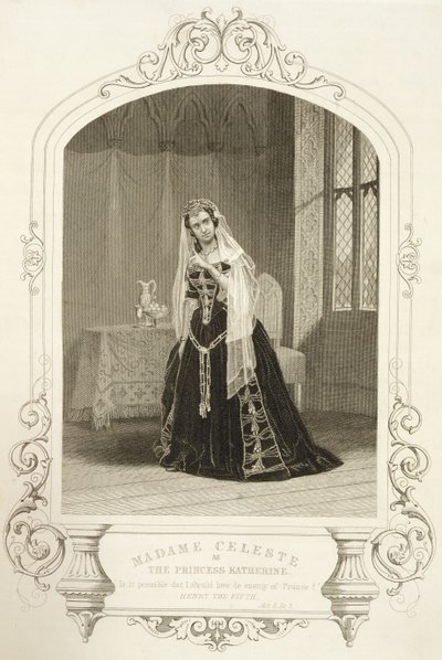 Madame Celeste som prinsessan Katherine, akt V scen 2 av "Henry V", från en daguerreotypi, graverad av George Hollis (1792-1842), pub. av John Tallis und Co. av John Jabez Edwin Paisley Mayall