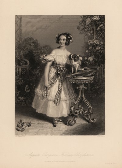 Augusta Georgina Frederica Fitzclarence, datter af Lord Frederic Fitzclarence, uægte søn af kong William IV. Hun bærer sit hår i ringlets og bånd, og bærer en off-the-shoulder kjole bundet med et skærf, holder en King Charles spaniel på en pude av John James (after) Chalon