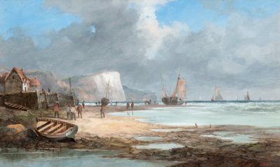 Havslandskap med fiskebåtar och ett hus av John James Wilson