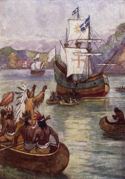 Franske upptäcktsresanden Jacques Cartiers fartyg på St Lawrence River, Kanada av John Jellicoe