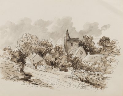 Kewstoke Church and Village, Weston Super Mare, Somerset, 1882 (penna, pensel och bläck på papper) av John Joseph Barker