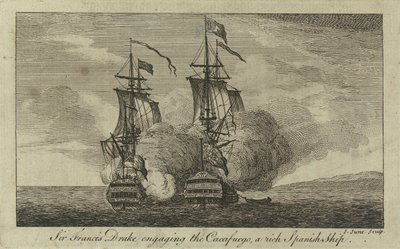 Sir Francis Drake i kontakt med "Cacafuego", ett rikt spanskt fartyg av John June