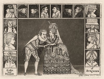 Mary Ann Yates och Laurence Clinch spelar hertigen och hertiginnan av Braganza i Braganza omgiven av publiken. 1785 av John Kay