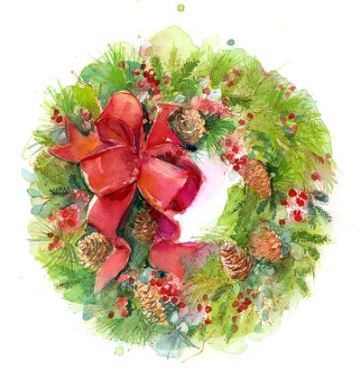 Julkrans med röd rosett, 2016, (akvarell) av John Keeling