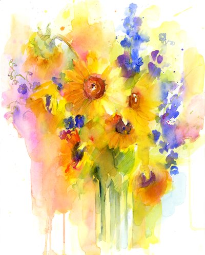 Solrosor och delphinium, 2016, (akvarell) av John Keeling