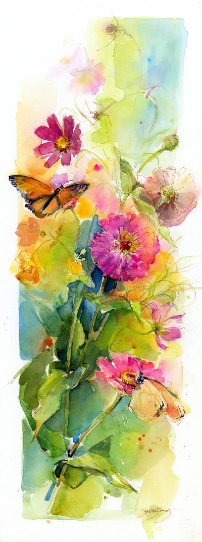 Zinnias och fjärilar, 2015, (akvarell) av John Keeling