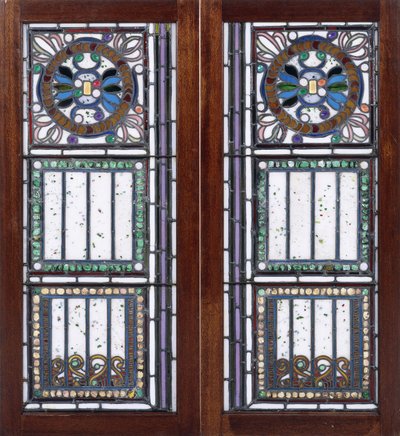 Ett par blyinfattade glasfönster, av John La Farge or Lafarge
