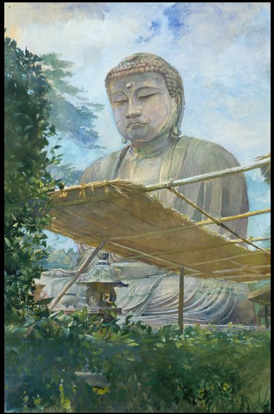 Den stora statyn av Amida Buddha i Kamakura, känd som Daibutsu, från prästens trädgård av John La Farge or Lafarge