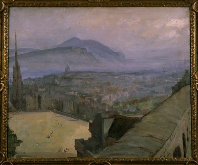En utsikt över Edinburgh från slottet, med utsikt över Esplanaden mot Arthur