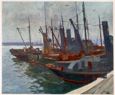 Minsvepare i hamnen, från brittiska artister vid fronten, fortsättning på västfronten, 1918 av John Lavery