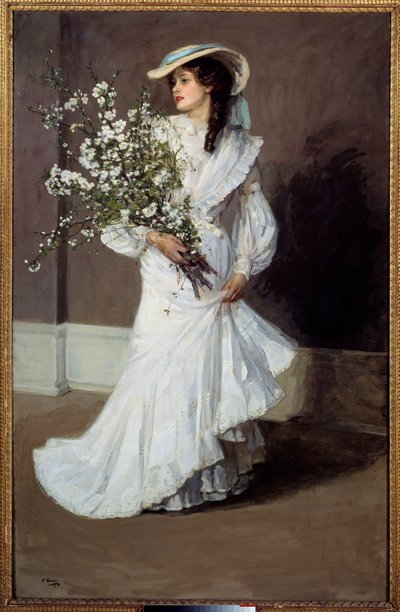Vår. Allegori om våren: porträtt av en kvinna klädd i vitt med en bukett blommor. Målning av Sir John Lavery (1856-1941) av John Lavery
