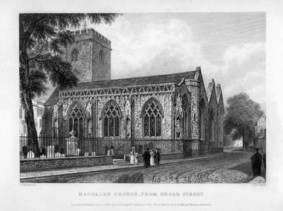 Magdalen Church, från Broad Street, Oxford, 1833. av John Le Keux