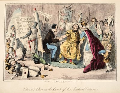 Edwards arm i händerna på hans medicinska rådgivare, från The Comic History of England, pub. 1864 (handfärgad etsning) av John Leech