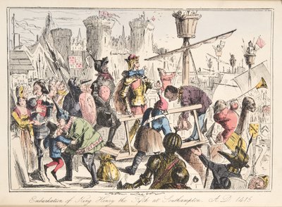 Ombordstigning av Henry V. i Southampton, AD 1415, från The Comic History of England, pub. 1864 (handfärgad etsning) av John Leech