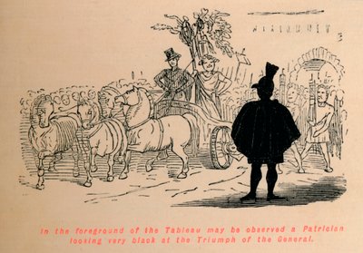 I förgrunden av tablån kan man observera en patricier som ser väldigt svart ut vid triumfen av t av John Leech