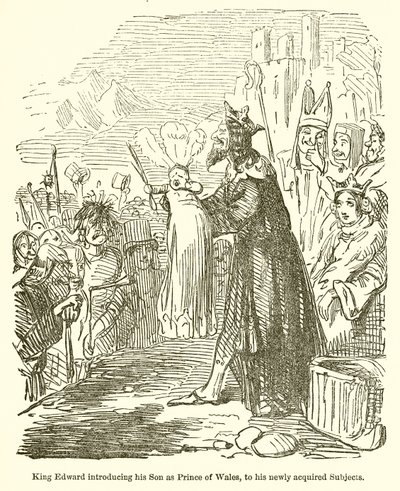 Kung Edward presenterar sin son som prins av Wales, för sina nyförvärvade ämnen av John Leech