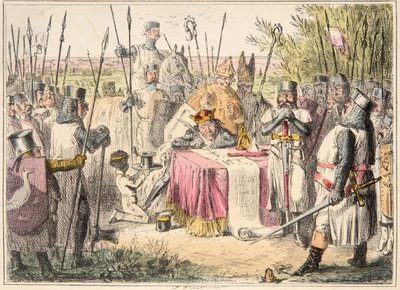 King John Signing Magna Carta, från The Comic History of England, pub. 1864 (handfärgad etsning) av John Leech