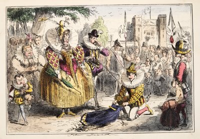 Drottning Elizabeth och Sir Walter Raleigh, från The Comic History of England, pub. 1864 (handfärgad etsning) av John Leech
