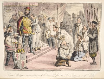 Drottning Philippa går i förbön med Edward III, för de sex burgarna i Calais, från The Comic History of England, pub. 1864 (handfärgad etsning) av John Leech