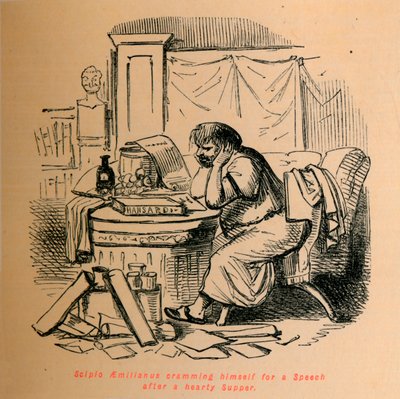 Scipio Aemilianus proppar sig för ett tal efter en rejäl måltid, 1852 av John Leech